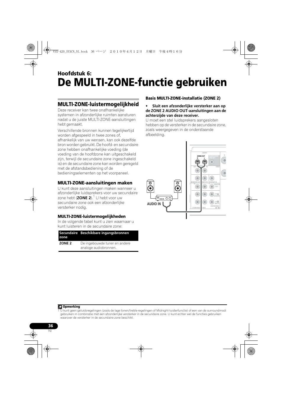 06 de multi-zone-functie gebruiken, Multi-zone-luistermogelijkheid, Multi-zone-aansluitingen maken | De multi-zone-functie gebruiken, Hoofdstuk 6, Multi-zone-luistermogelijkheden, Basis multi-zone-installatie (zone 2) | Pioneer VSX-420-K User Manual | Page 124 / 180