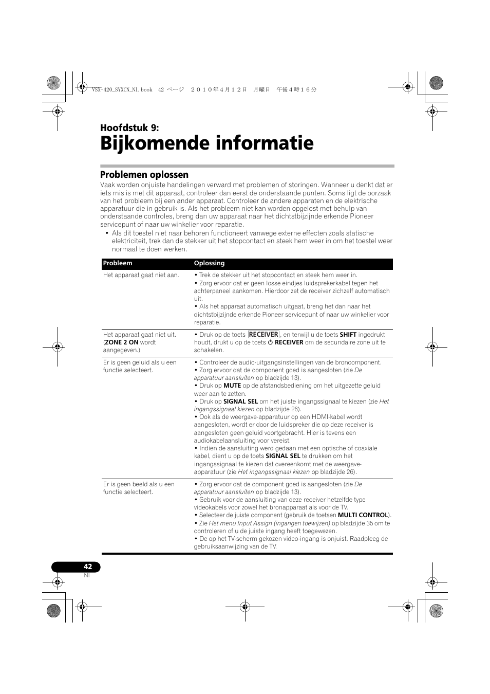 09 bijkomende informatie, Problemen oplossen, Bijkomende informatie | Hoofdstuk 9 | Pioneer VSX-420-K User Manual | Page 130 / 180