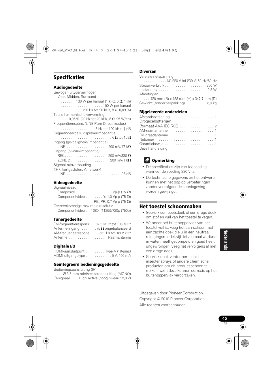 Specificaties, Het toestel schoonmaken | Pioneer VSX-420-K User Manual | Page 133 / 180