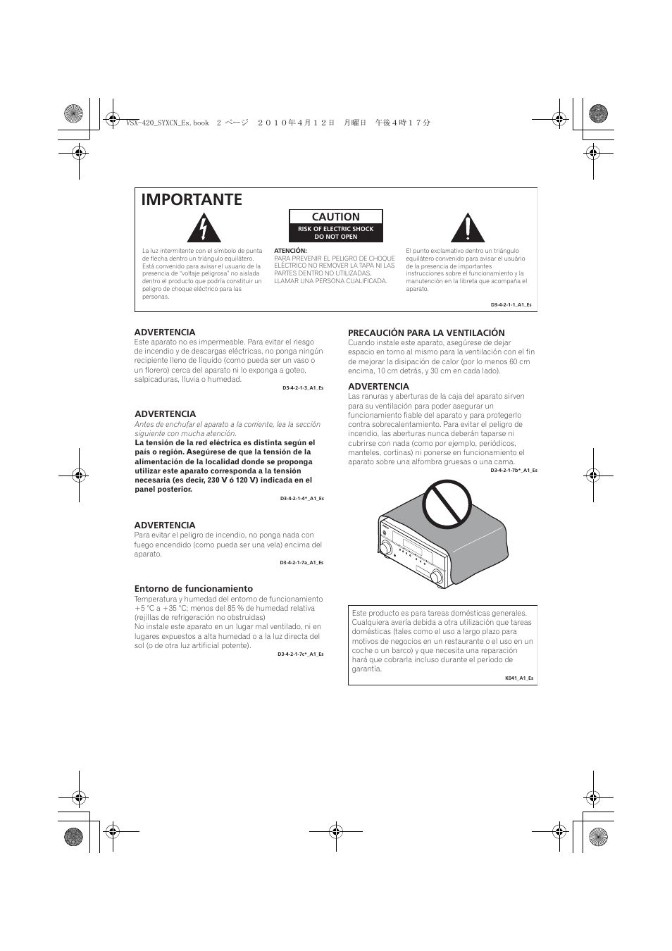 Importante, Caution | Pioneer VSX-420-K User Manual | Page 134 / 180