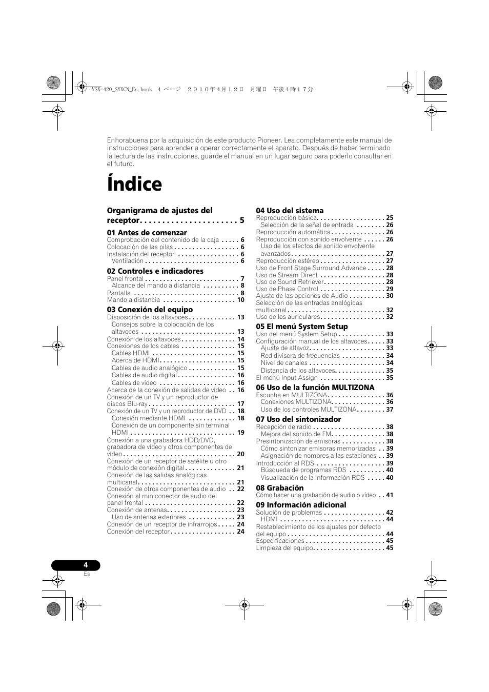 Manual de instrucciones, Índice | Pioneer VSX-420-K User Manual | Page 136 / 180