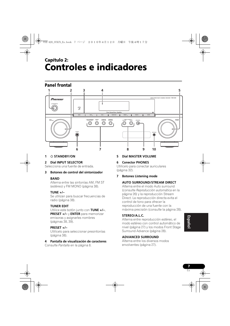 02 controles e indicadores, Panel frontal, Controles e indicadores | Capítulo 2 | Pioneer VSX-420-K User Manual | Page 139 / 180