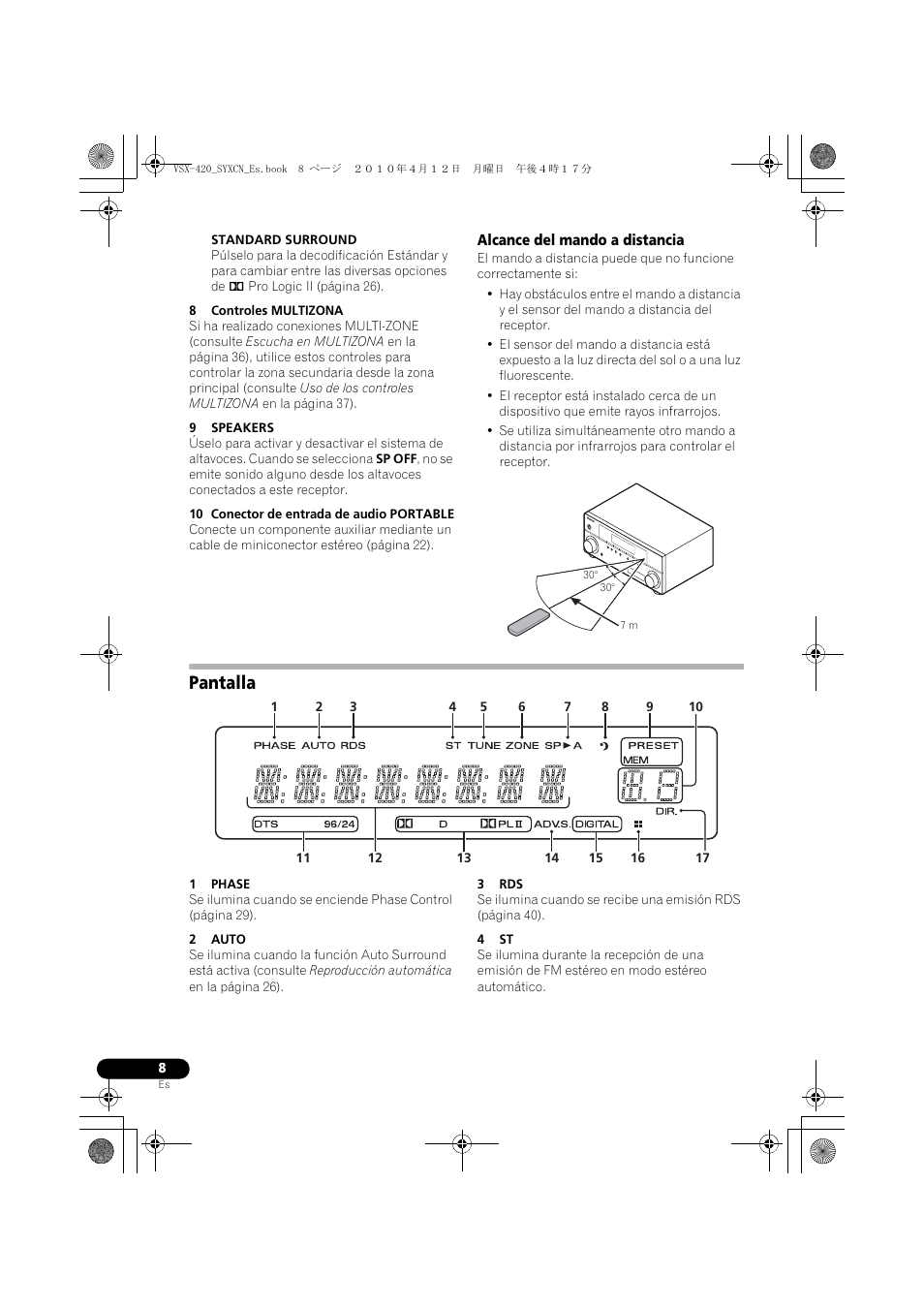 Alcance del mando a distancia, Pantalla | Pioneer VSX-420-K User Manual | Page 140 / 180