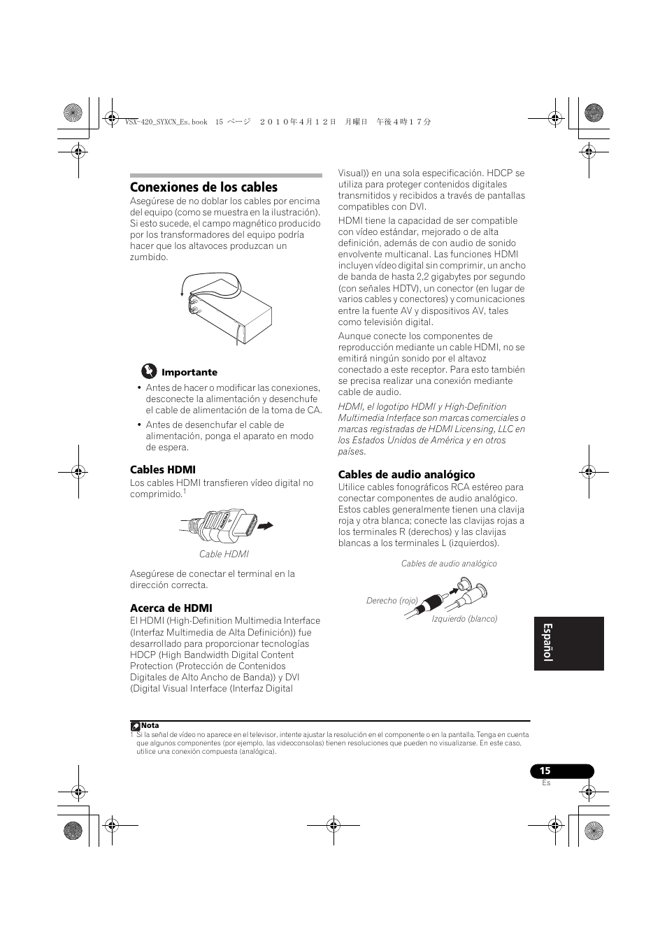 Conexiones de los cables, Cables hdmi, Acerca de hdmi | Cables de audio analógico | Pioneer VSX-420-K User Manual | Page 147 / 180