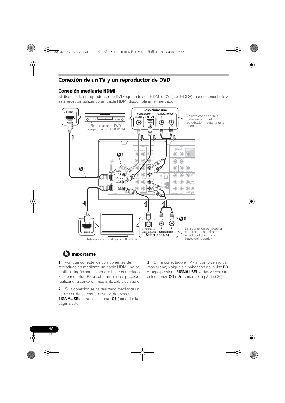 Conexión de un tv y un reproductor de dvd, Conexión mediante hdmi | Pioneer VSX-420-K User Manual | Page 150 / 180