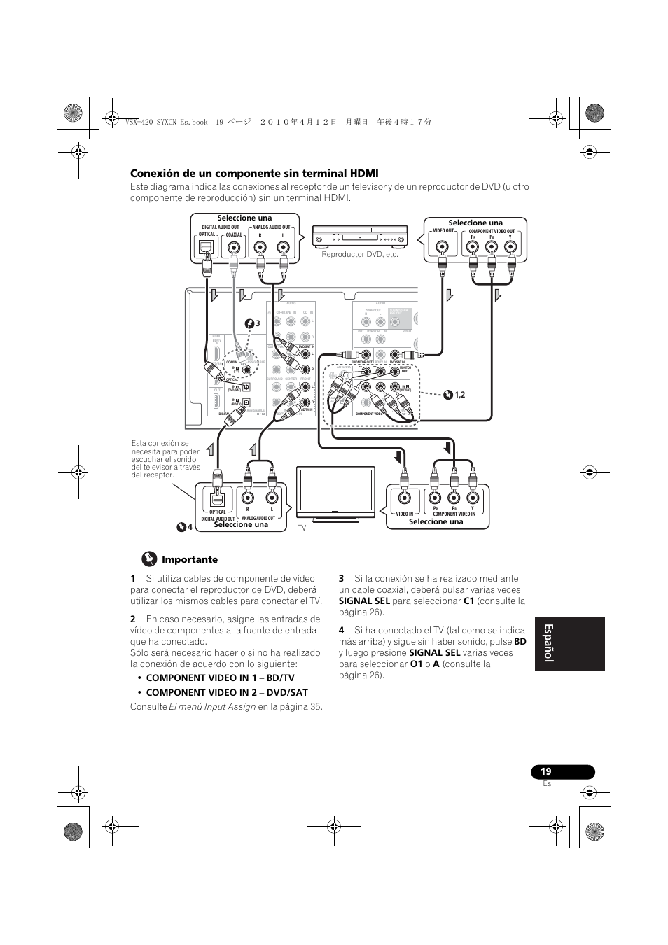 Conexión de un componente sin terminal hdmi, Seleccione una | Pioneer VSX-420-K User Manual | Page 151 / 180