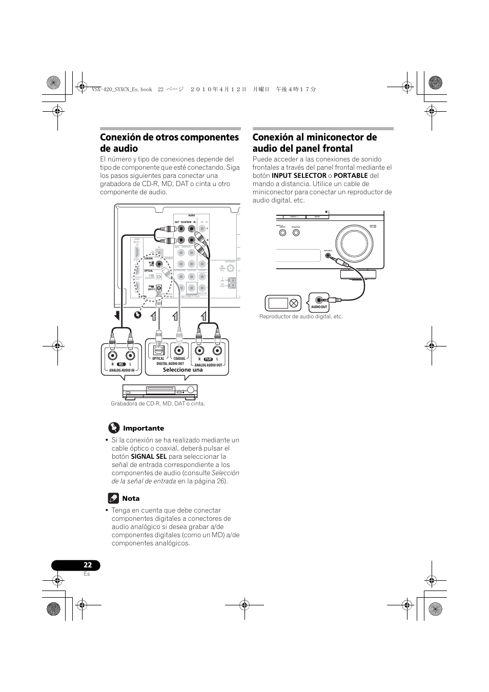 Conexión de otros componentes de audio, Grabadora de cd-r, md, dat o cinta. seleccione una | Pioneer VSX-420-K User Manual | Page 154 / 180