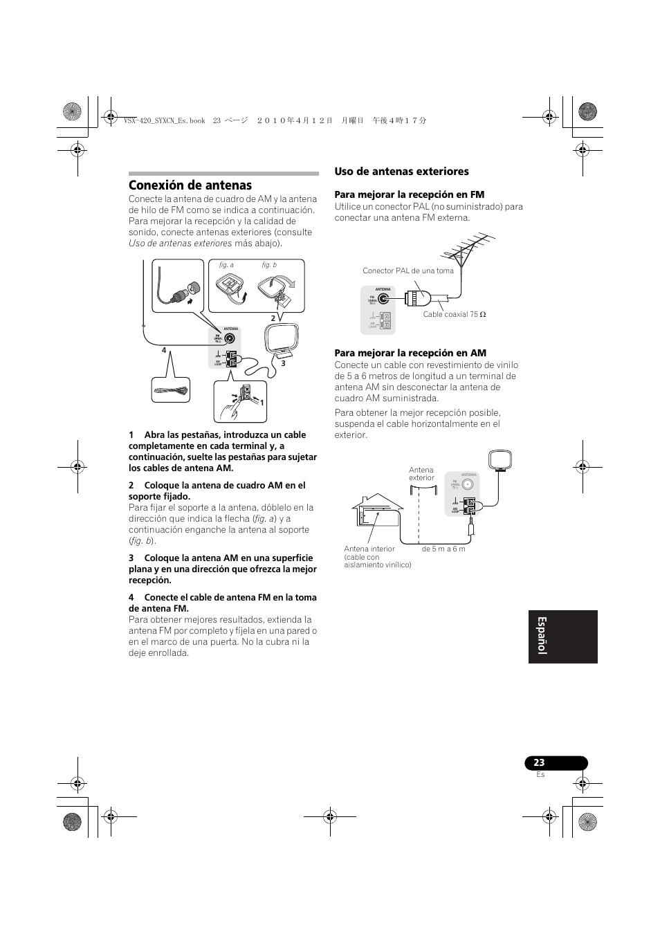 Conexión de antenas, Uso de antenas exteriores | Pioneer VSX-420-K User Manual | Page 155 / 180