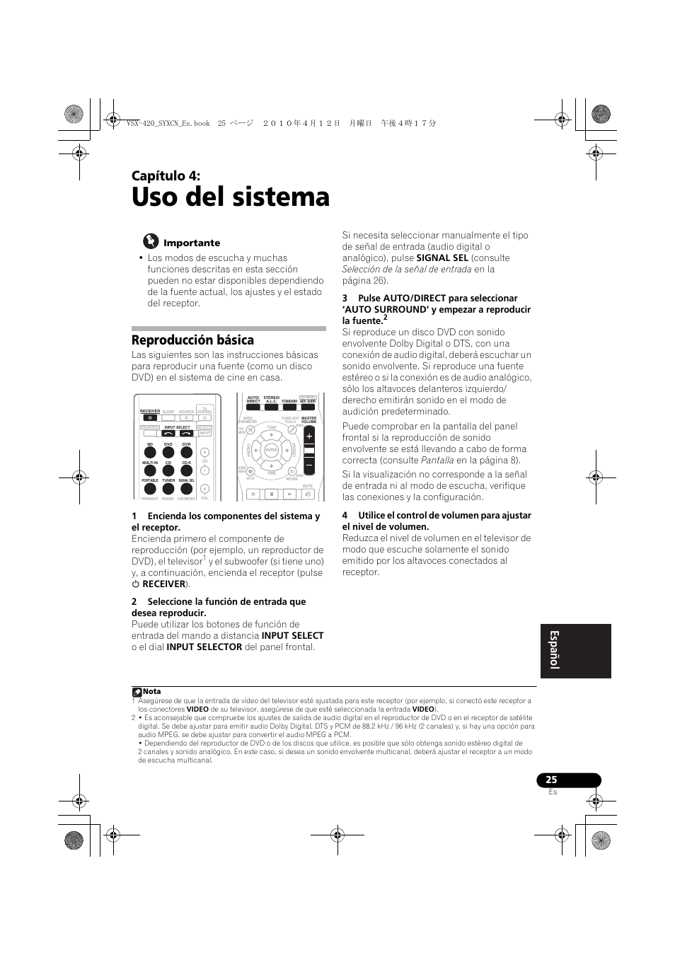 04 uso del sistema, Reproducción básica, Uso del sistema | Capítulo 4 | Pioneer VSX-420-K User Manual | Page 157 / 180