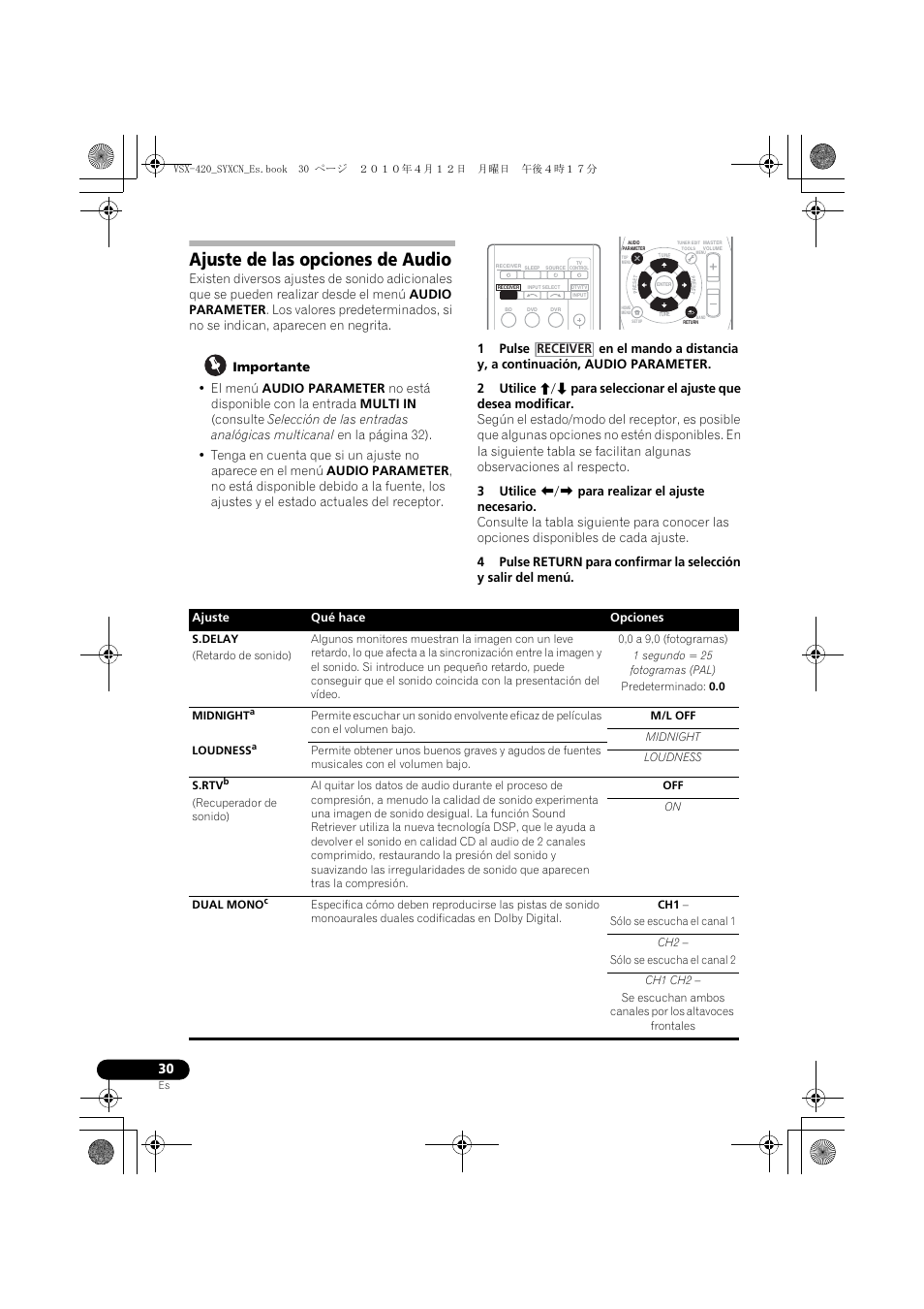 Ajuste de las opciones de audio | Pioneer VSX-420-K User Manual | Page 162 / 180