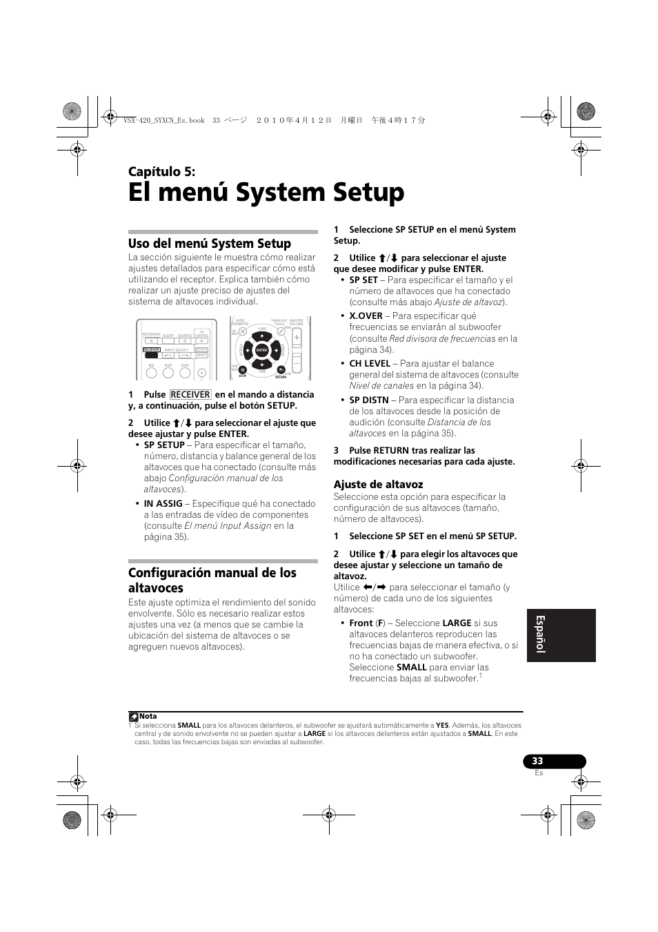 05 el menú system setup, Uso del menú system setup, Configuración manual de los altavoces | Ajuste de altavoz, El menú system setup, Capítulo 5 | Pioneer VSX-420-K User Manual | Page 165 / 180