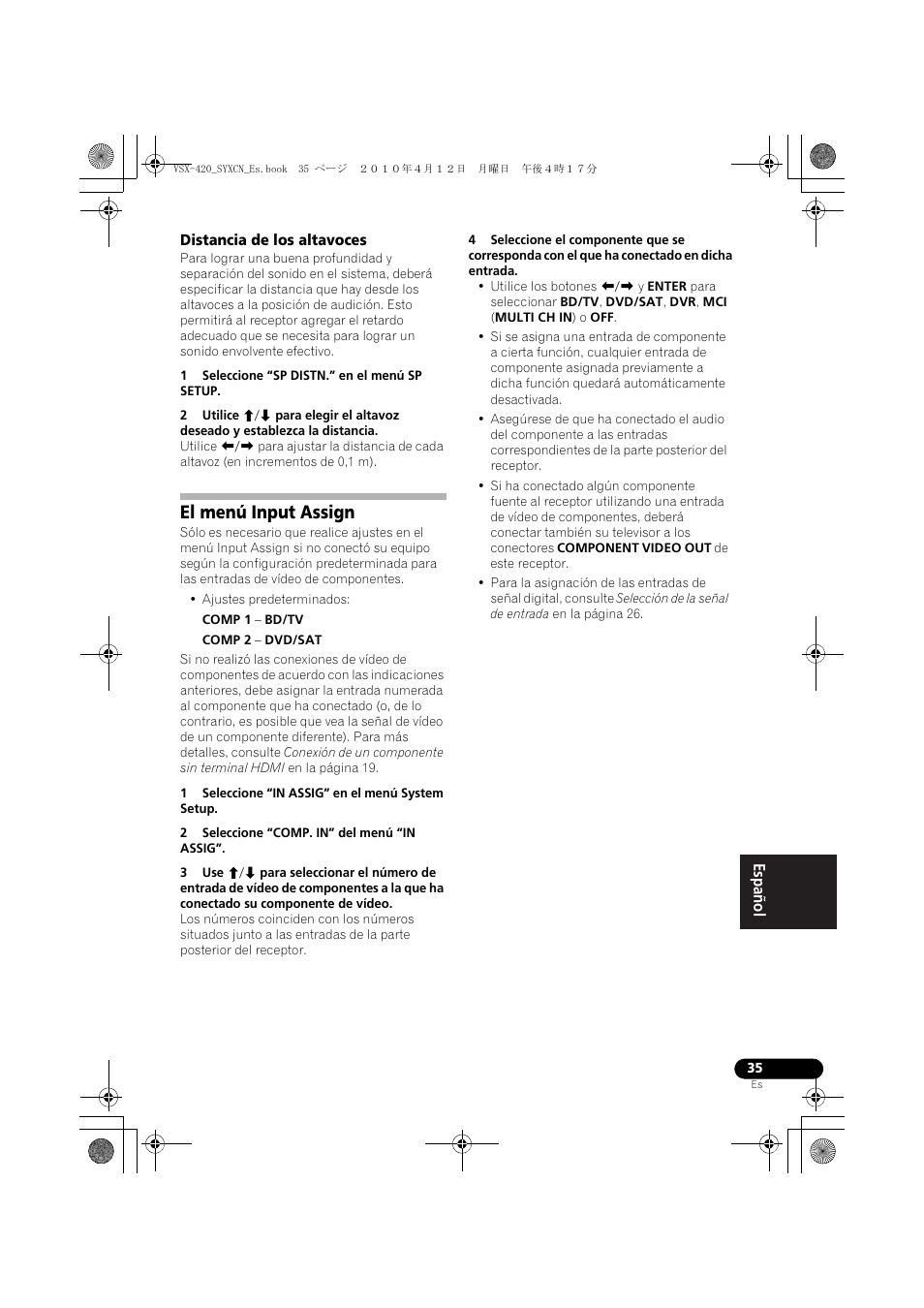 Distancia de los altavoces, El menú input assign | Pioneer VSX-420-K User Manual | Page 167 / 180