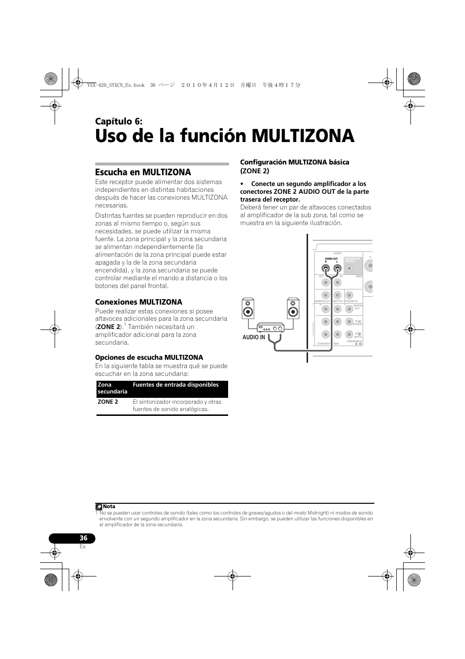 06 uso de la función multizona, Escucha en multizona, Conexiones multizona | Uso de la función multizona, Capítulo 6, Opciones de escucha multizona, Configuración multizona básica (zone 2) | Pioneer VSX-420-K User Manual | Page 168 / 180