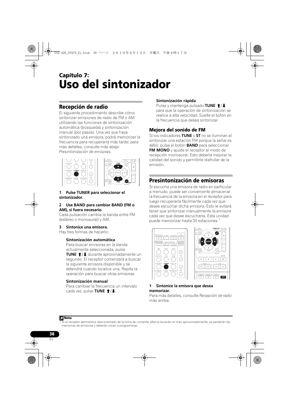 07 uso del sintonizador, Recepción de radio, Mejora del sonido de fm | Presintonización de emisoras, Uso del sintonizador, Capítulo 7, Nota | Pioneer VSX-420-K User Manual | Page 170 / 180