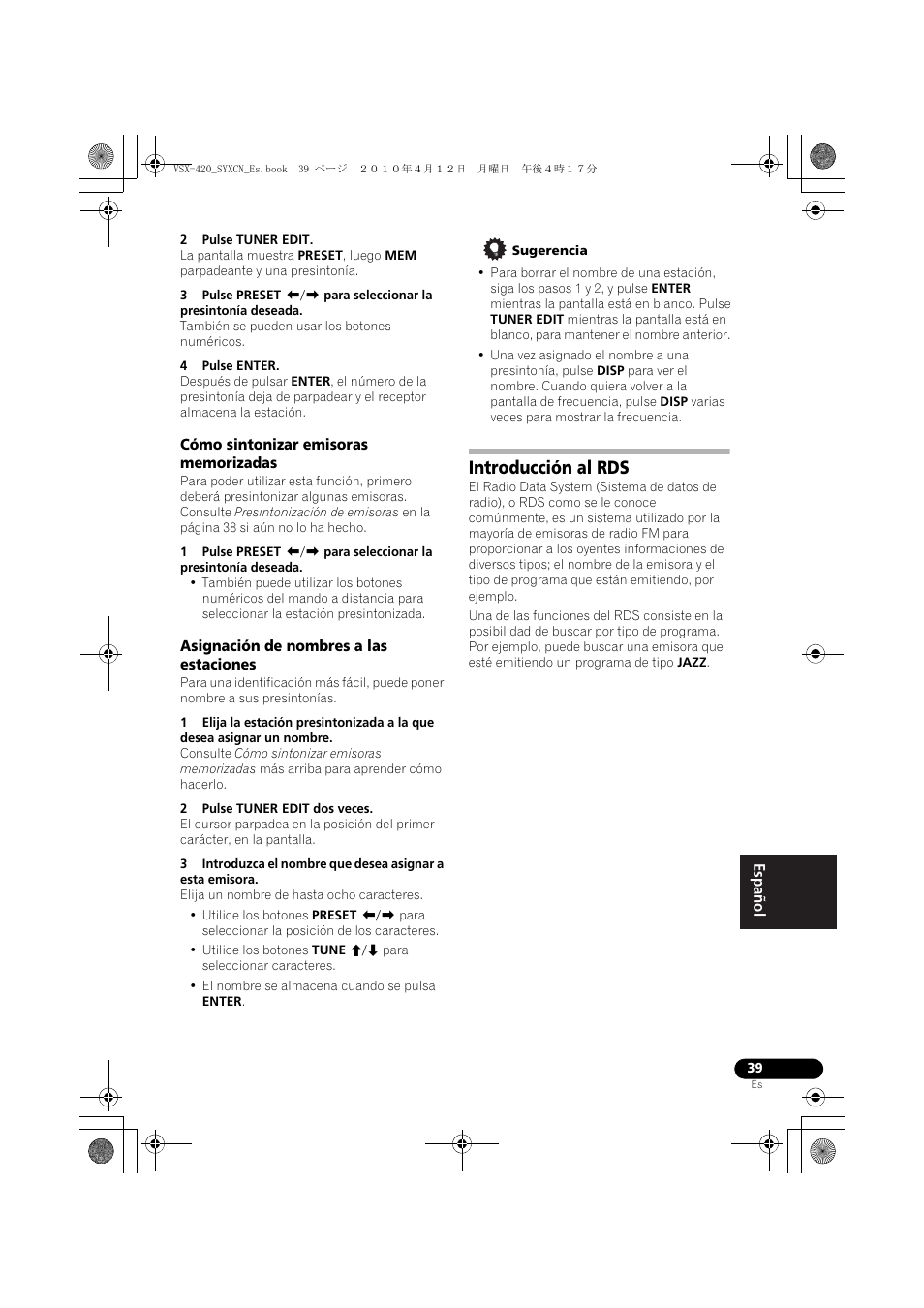 Cómo sintonizar emisoras memorizadas, Asignación de nombres a las estaciones, Introducción al rds | Pioneer VSX-420-K User Manual | Page 171 / 180