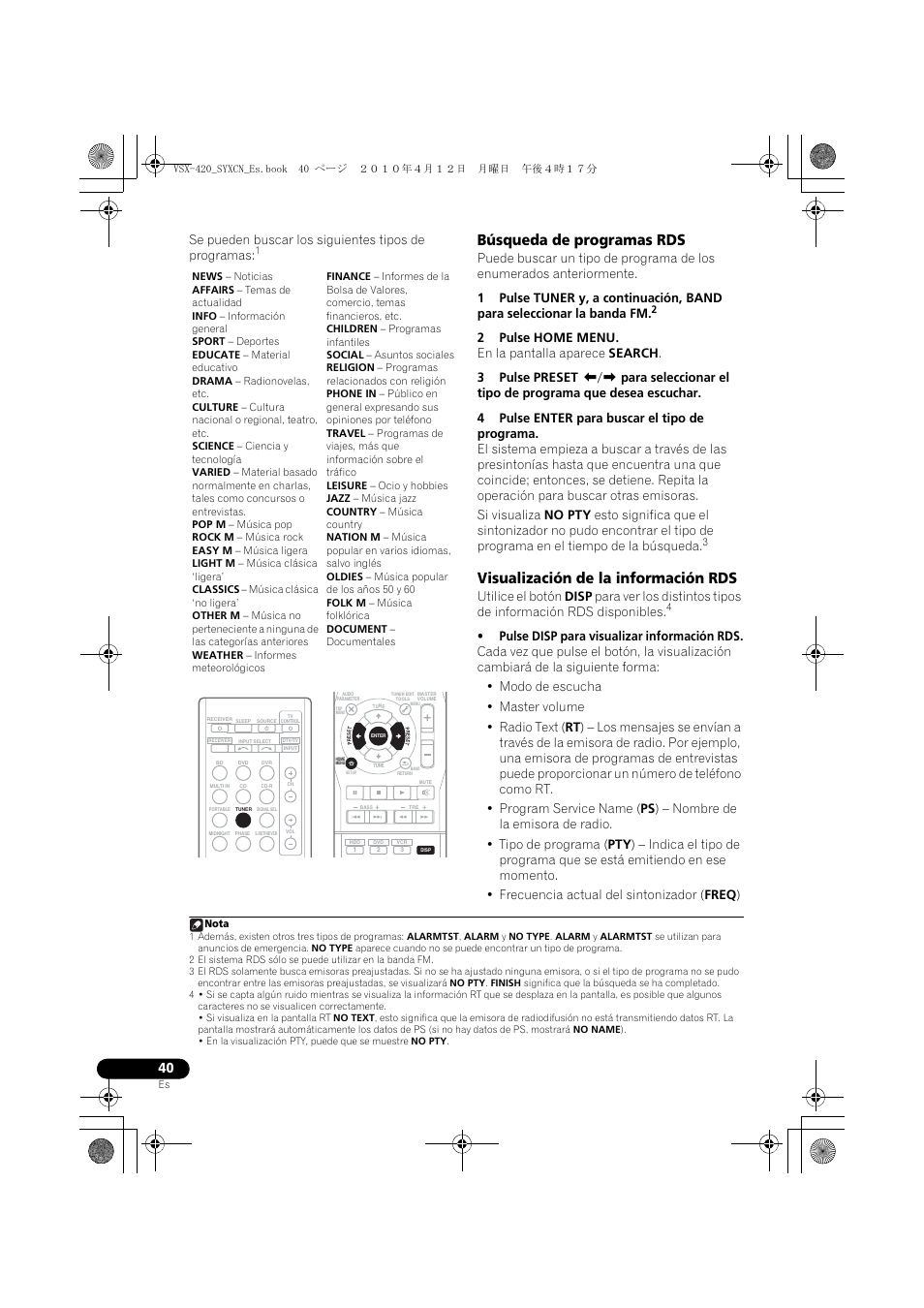 Búsqueda de programas rds, Visualización de la información rds, Se pueden buscar los siguientes tipos de programas | Pioneer VSX-420-K User Manual | Page 172 / 180