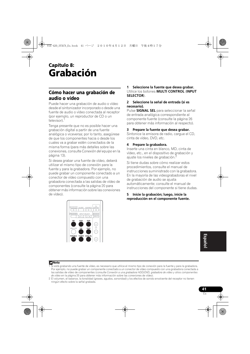 08 grabación, Cómo hacer una grabación de audio o vídeo, Grabación | Capítulo 8 | Pioneer VSX-420-K User Manual | Page 173 / 180