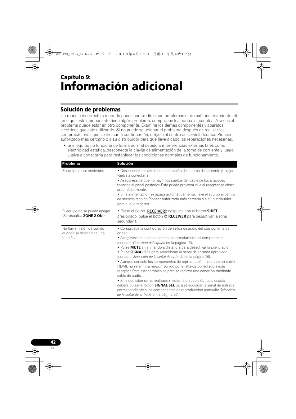 09 información adicional, Solución de problemas, Información adicional | Capítulo 9 | Pioneer VSX-420-K User Manual | Page 174 / 180