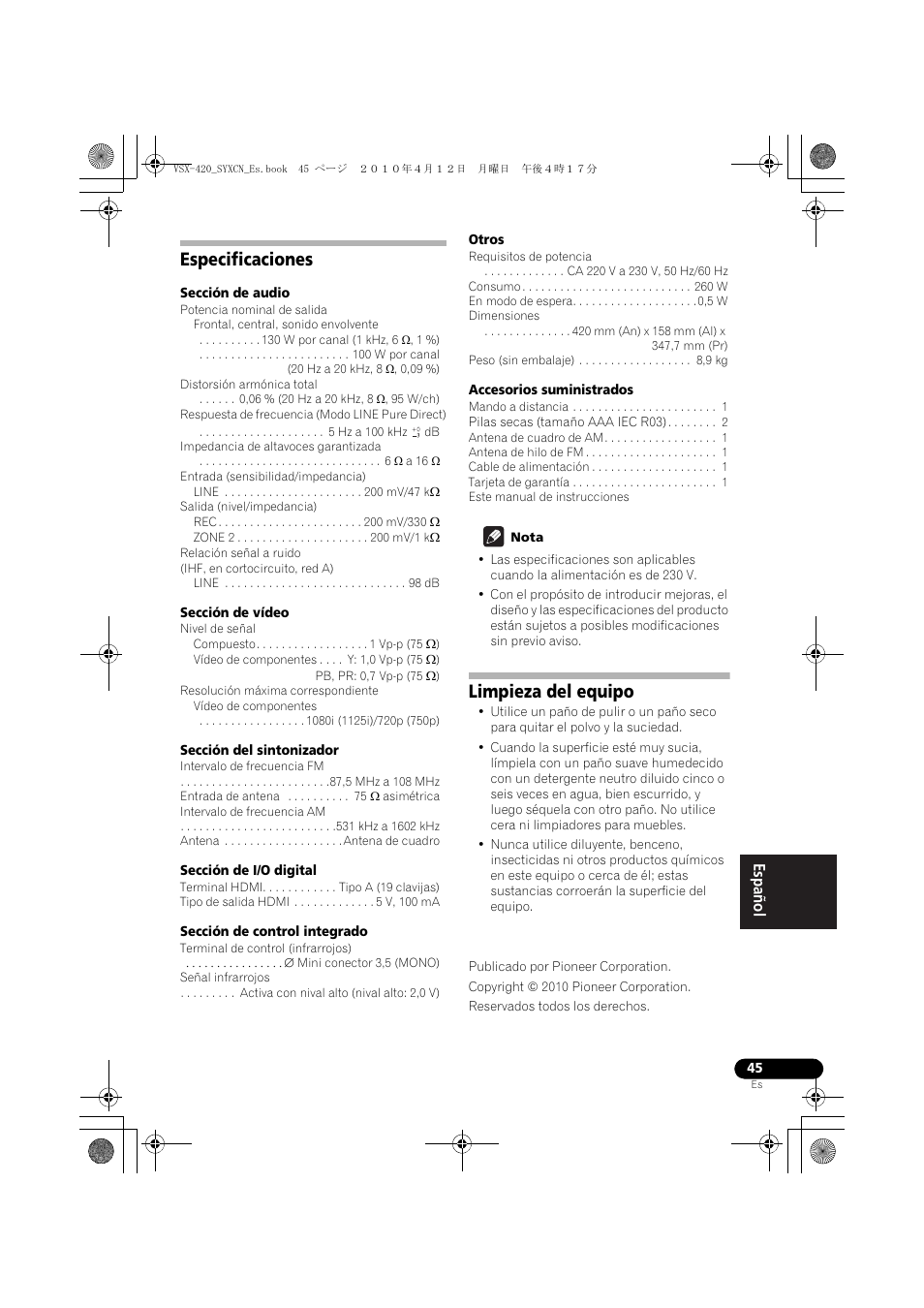 Especificaciones, Limpieza del equipo | Pioneer VSX-420-K User Manual | Page 177 / 180