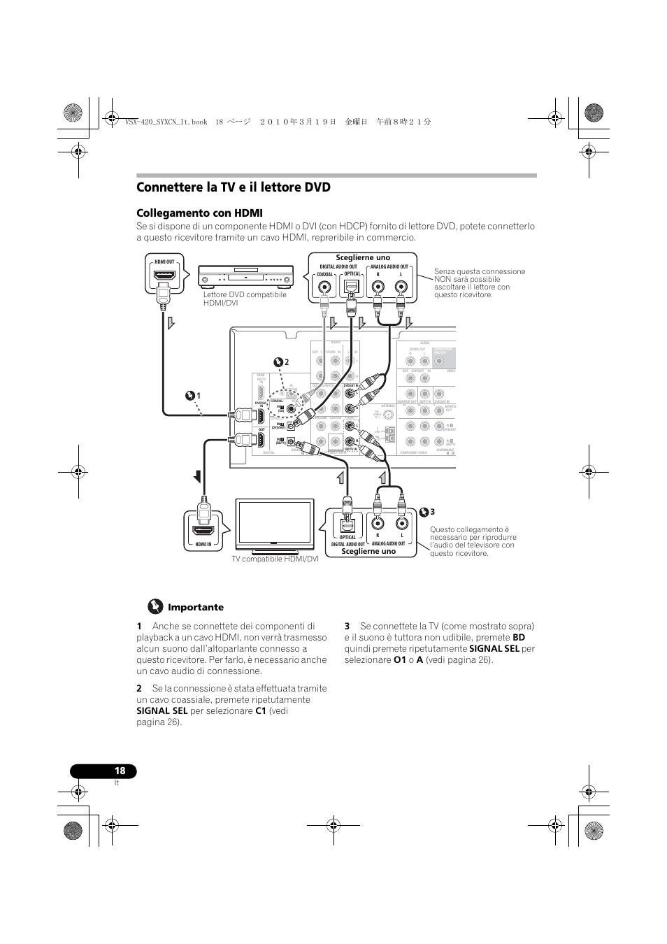 Connettere la tv e il lettore dvd, Collegamento con hdmi | Pioneer VSX-420-K User Manual | Page 18 / 180