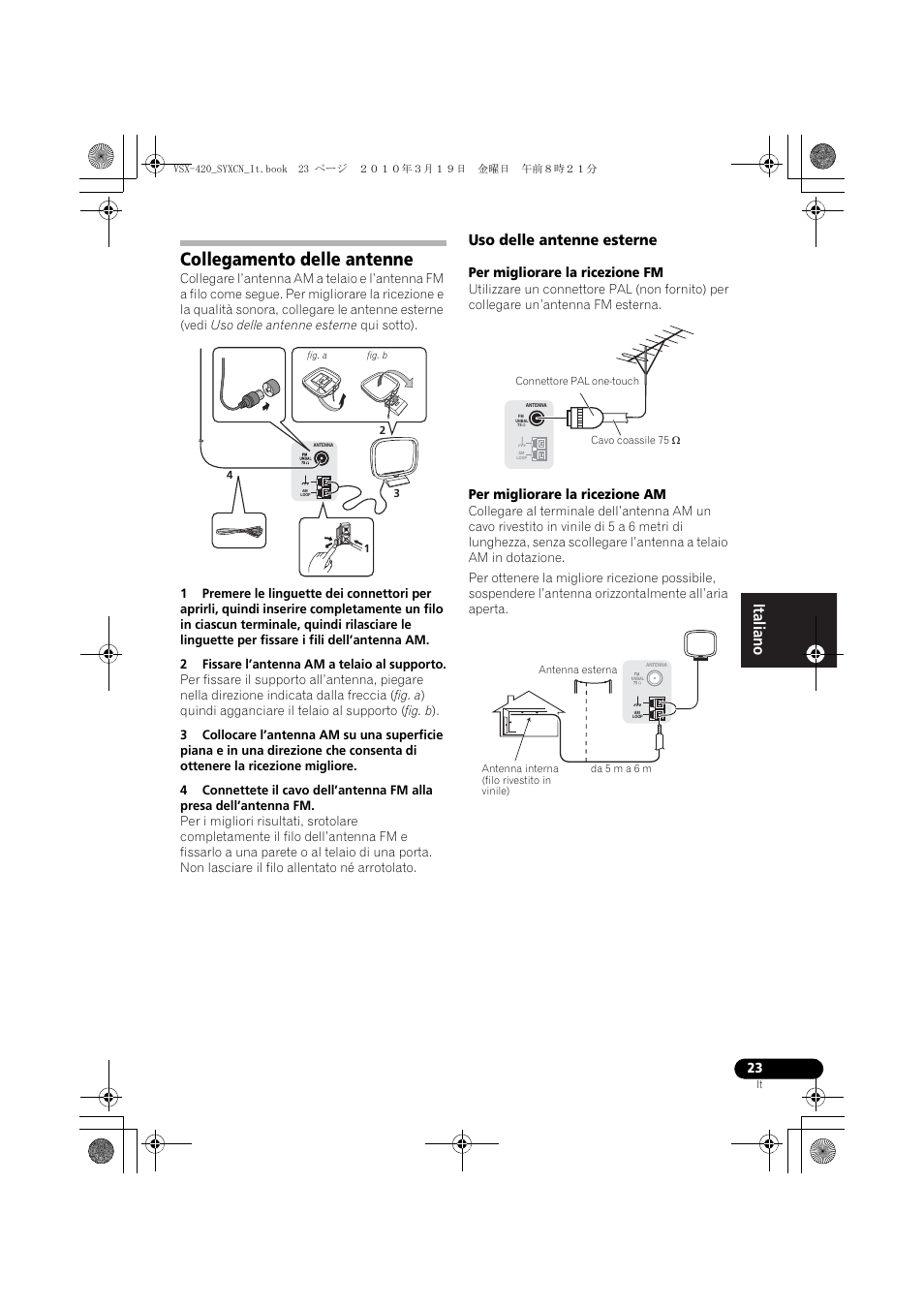 Collegamento delle antenne, Uso delle antenne esterne | Pioneer VSX-420-K User Manual | Page 23 / 180