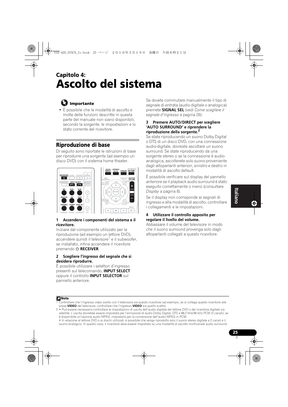 04 ascolto del sistema, Riproduzione di base, Ascolto del sistema | Capitolo 4 | Pioneer VSX-420-K User Manual | Page 25 / 180