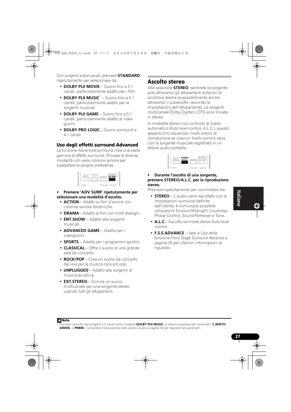 Uso degli effetti surround advanced, Ascolto stereo | Pioneer VSX-420-K User Manual | Page 27 / 180