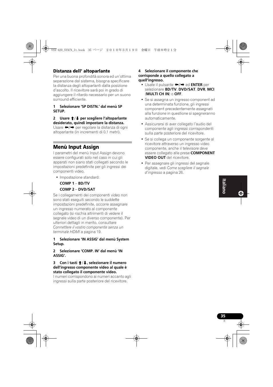 Distanza dell’ altoparlante, Menù input assign | Pioneer VSX-420-K User Manual | Page 35 / 180