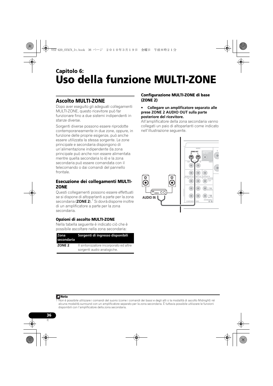 06 uso della funzione multi-zone, Ascolto multi-zone, Esecuzione dei collegamenti multi-zone | Uso della funzione multi-zone, Capitolo 6, Esecuzione dei collegamenti multi- zone, Opzioni di ascolto multi-zone, Configurazione multi-zone di base (zone 2) | Pioneer VSX-420-K User Manual | Page 36 / 180
