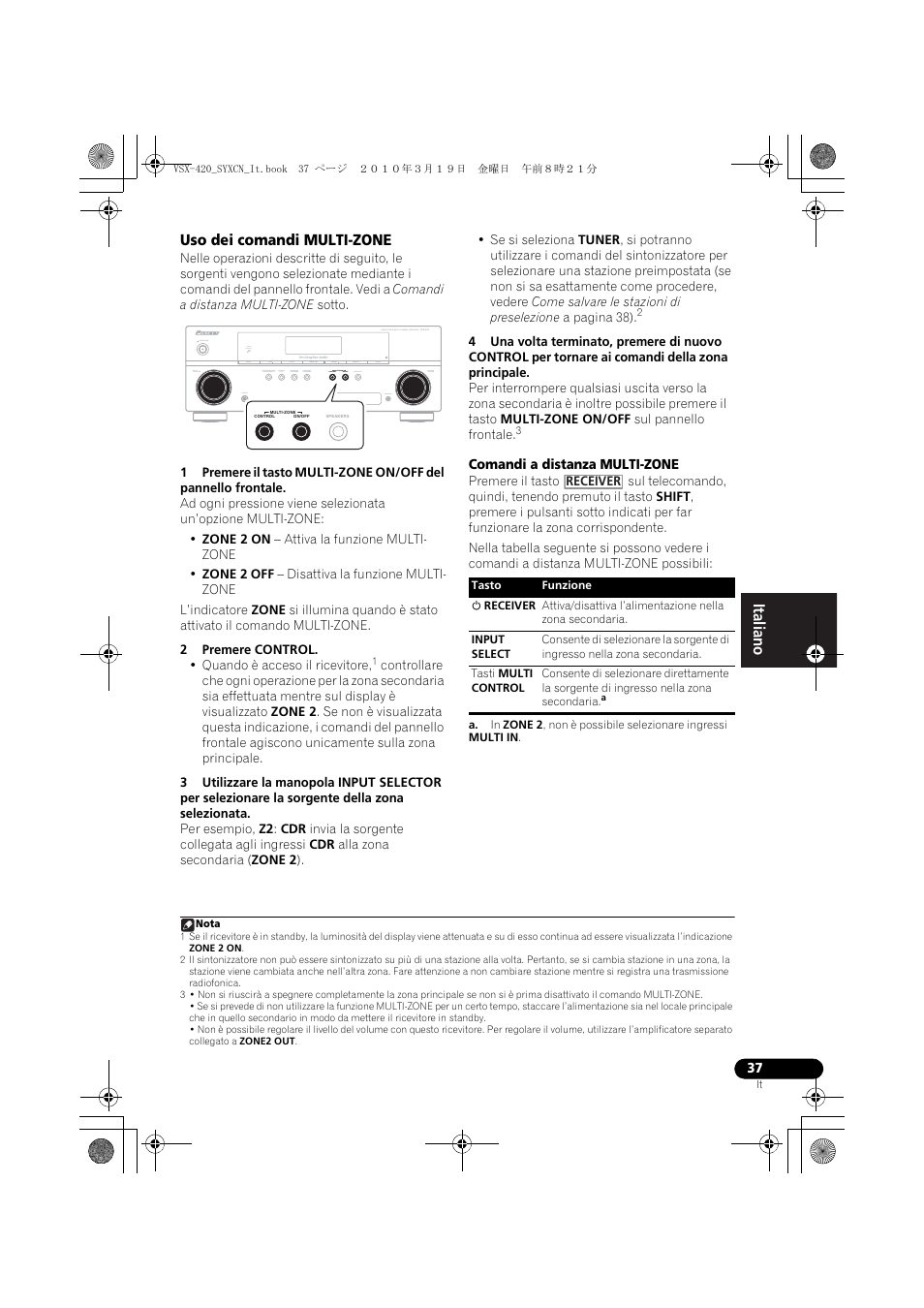 Uso dei comandi multi-zone | Pioneer VSX-420-K User Manual | Page 37 / 180