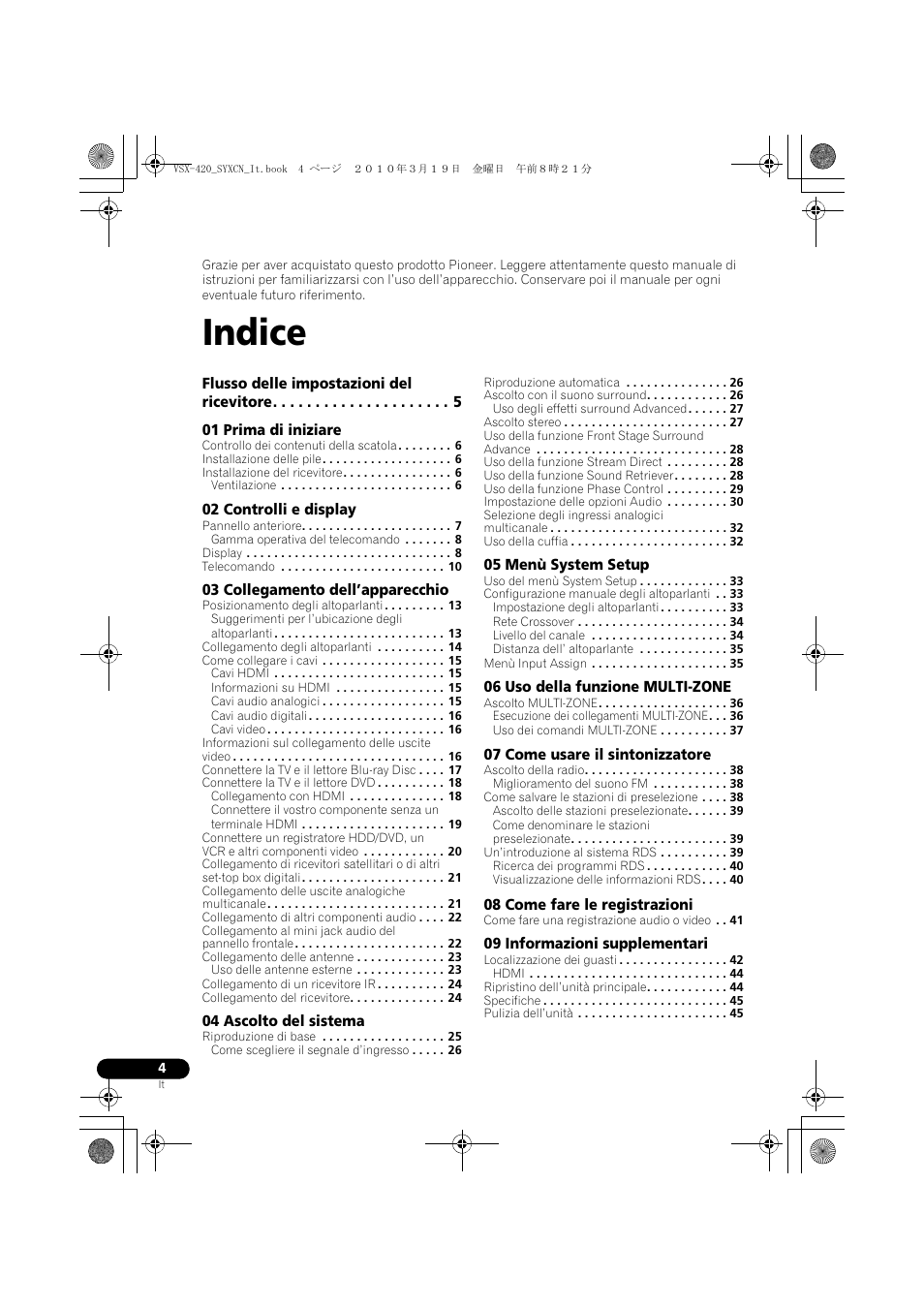 Istruzioni per i’uso, Indice | Pioneer VSX-420-K User Manual | Page 4 / 180
