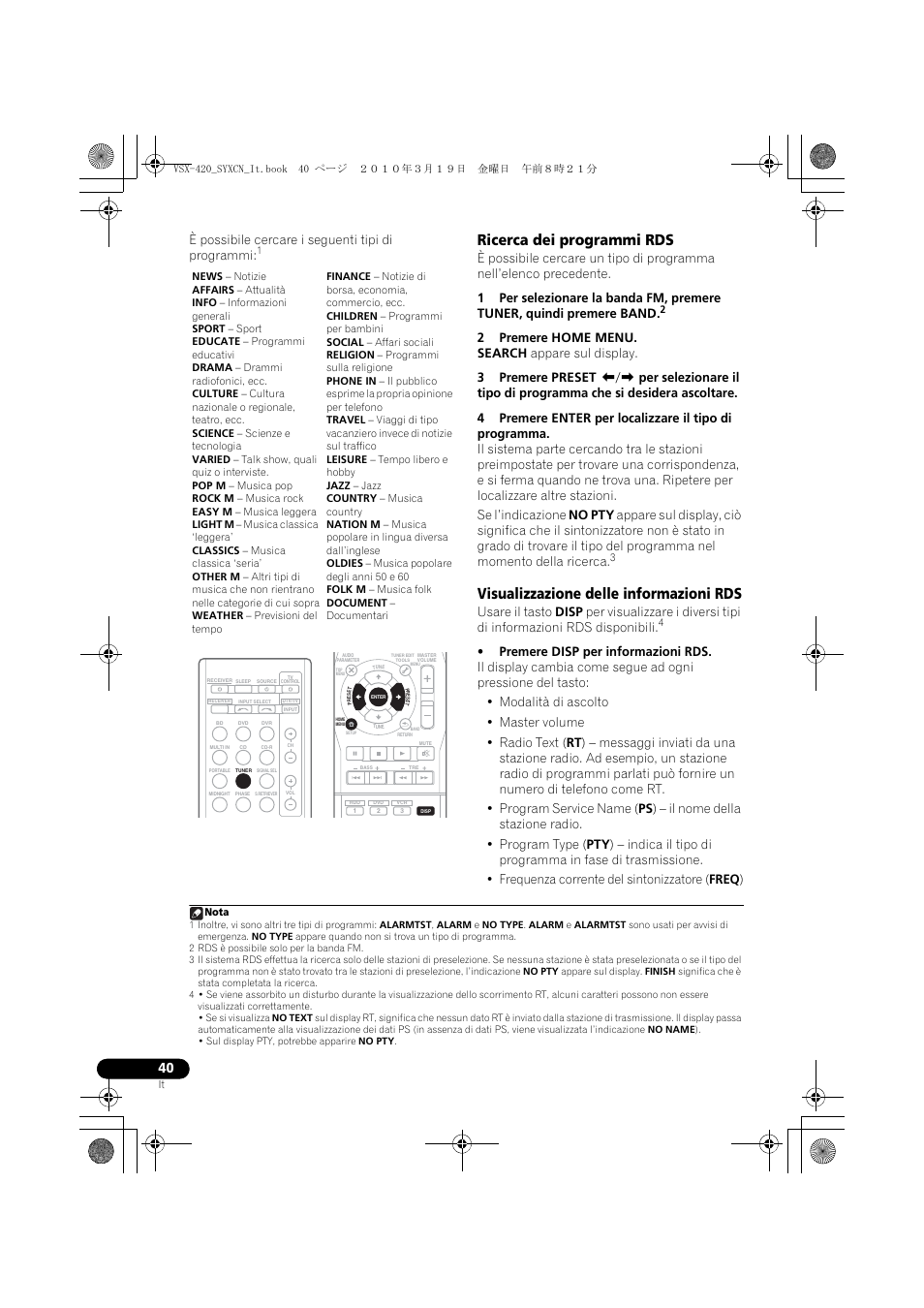 Ricerca dei programmi rds, Visualizzazione delle informazioni rds, È possibile cercare i seguenti tipi di programmi | Pioneer VSX-420-K User Manual | Page 40 / 180