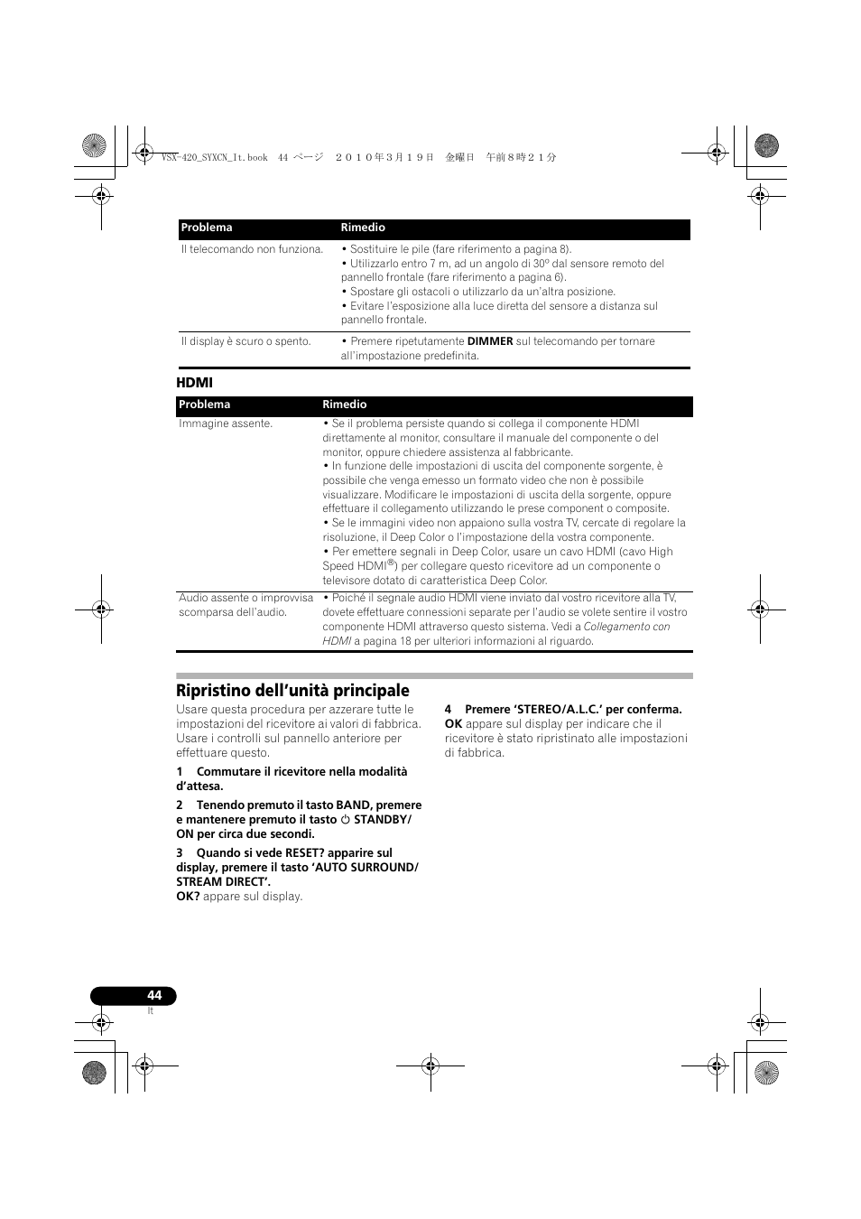 Hdmi, Ripristino dell’unità principale | Pioneer VSX-420-K User Manual | Page 44 / 180