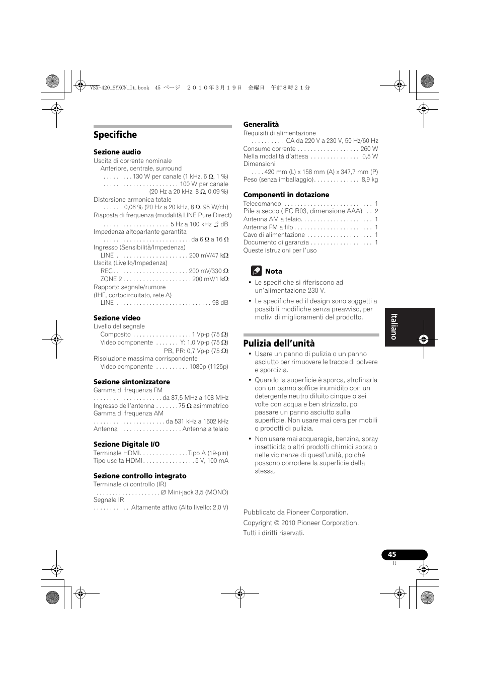 Specifiche, Pulizia dell’unità | Pioneer VSX-420-K User Manual | Page 45 / 180