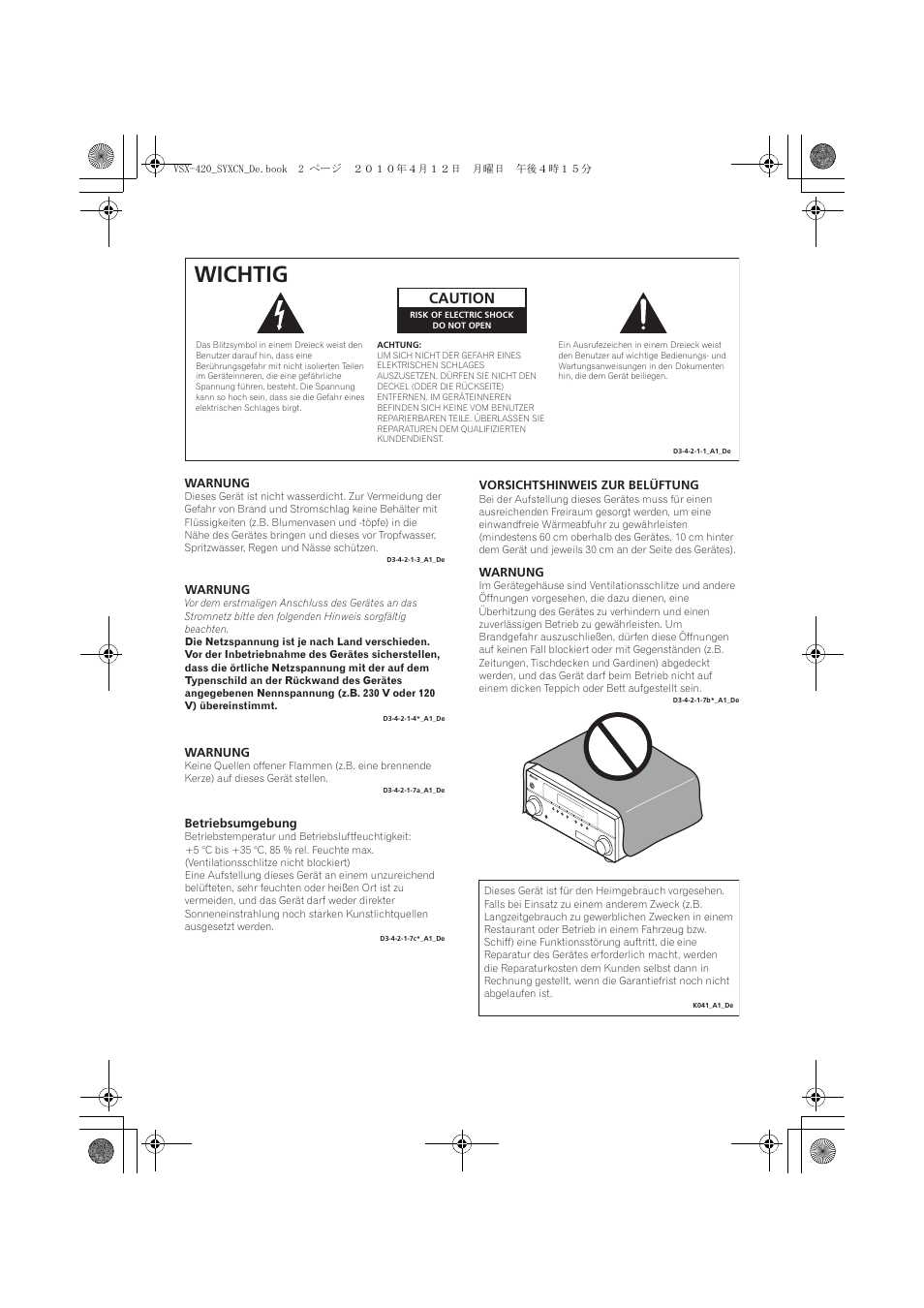 Wichtig, Caution | Pioneer VSX-420-K User Manual | Page 46 / 180
