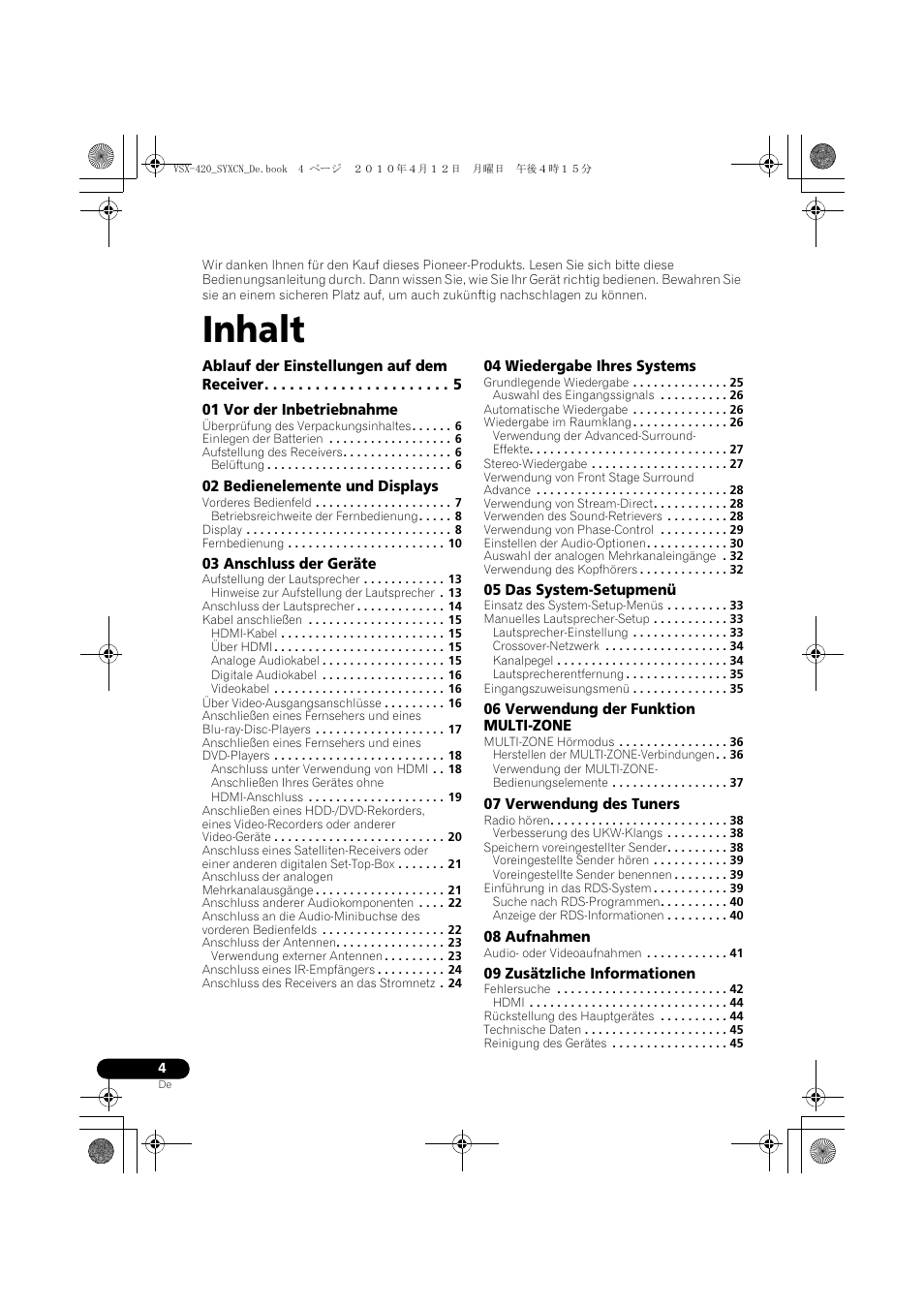 Bedienungsanleitung, Inhalt | Pioneer VSX-420-K User Manual | Page 48 / 180