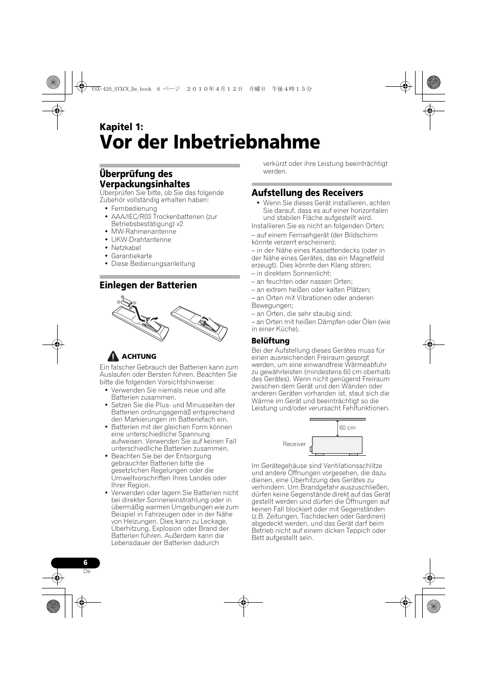 01 vor der inbetriebnahme, Überprüfung des verpackungsinhaltes, Einlegen der batterien | Aufstellung des receivers, Belüftung, Vor der inbetriebnahme, Kapitel 1 | Pioneer VSX-420-K User Manual | Page 50 / 180