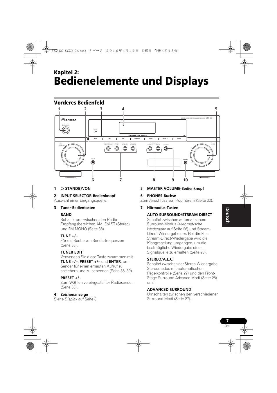 02 bedienelemente und displays, Vorderes bedienfeld, Bedienelemente und displays | Kapitel 2 | Pioneer VSX-420-K User Manual | Page 51 / 180