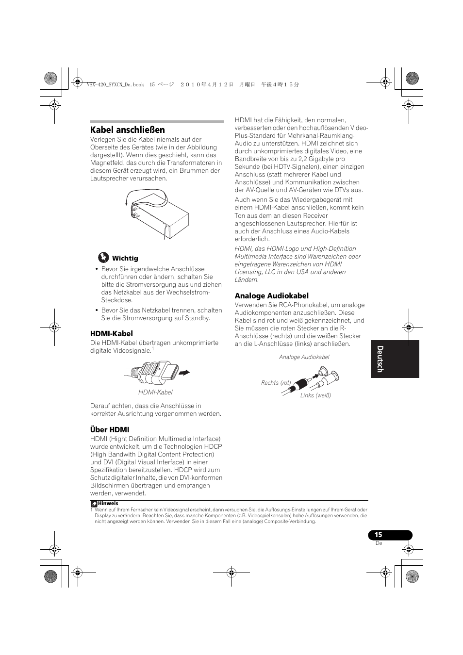 Kabel anschließen, Hdmi-kabel, Über hdmi | Analoge audiokabel | Pioneer VSX-420-K User Manual | Page 59 / 180