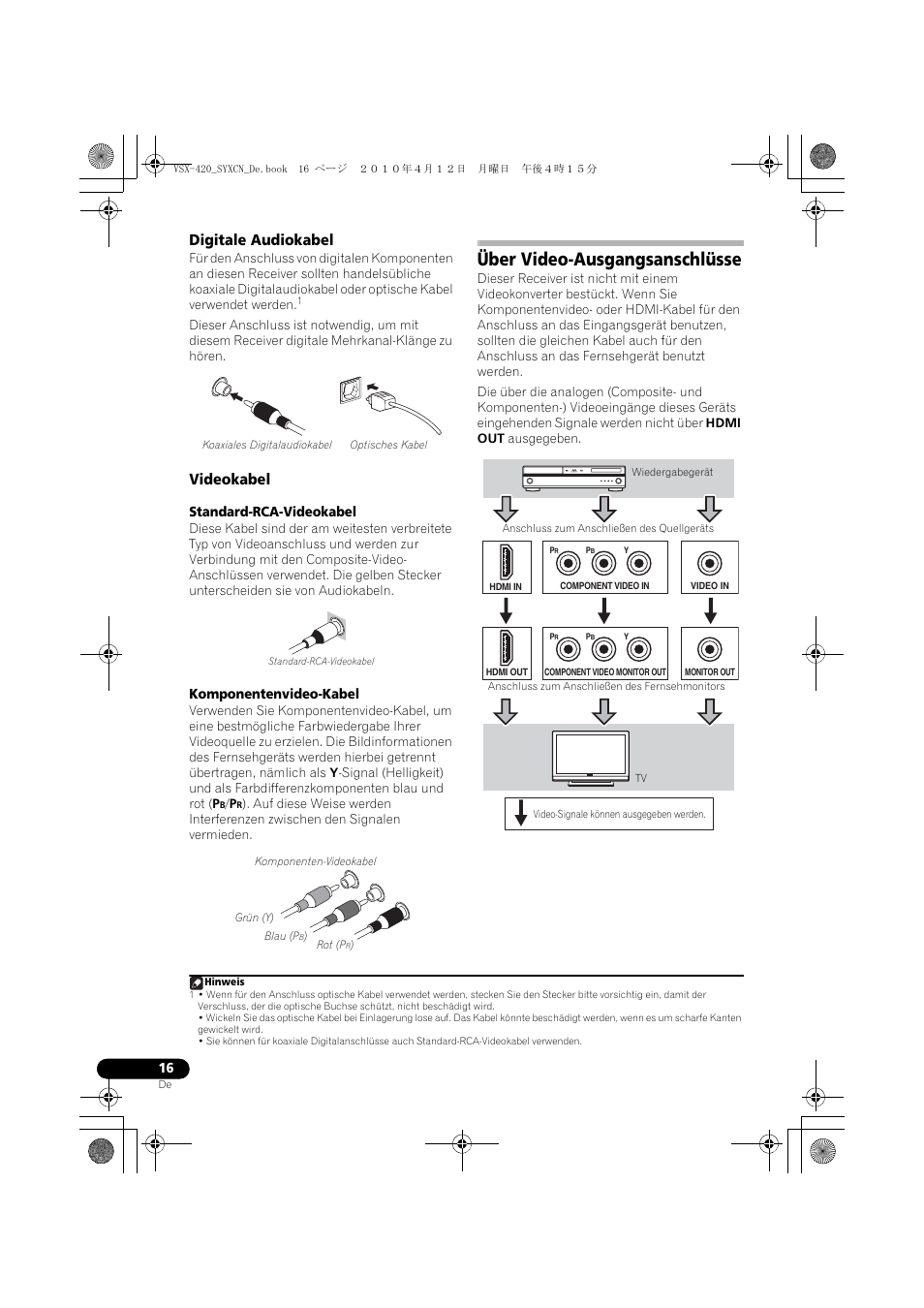 Digitale audiokabel, Videokabel, Über video-ausgangsanschlüsse | Pioneer VSX-420-K User Manual | Page 60 / 180