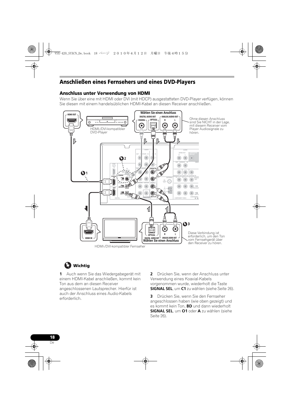 Anschließen eines fernsehers und eines dvd-players, Anschluss unter verwendung von hdmi | Pioneer VSX-420-K User Manual | Page 62 / 180
