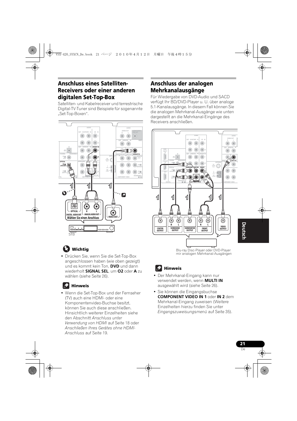 Anschluss der analogen mehrkanalausgänge, Stb wählen sie einen anschluss | Pioneer VSX-420-K User Manual | Page 65 / 180