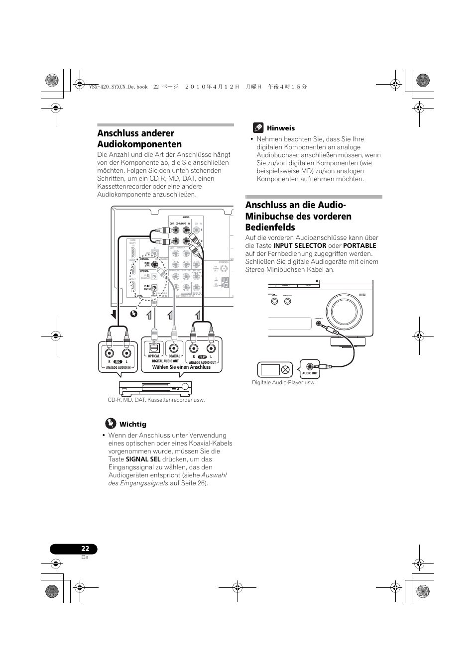 Anschluss anderer audiokomponenten | Pioneer VSX-420-K User Manual | Page 66 / 180