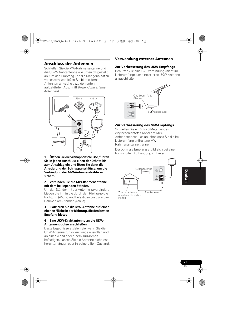 Anschluss der antennen, Verwendung externer antennen | Pioneer VSX-420-K User Manual | Page 67 / 180