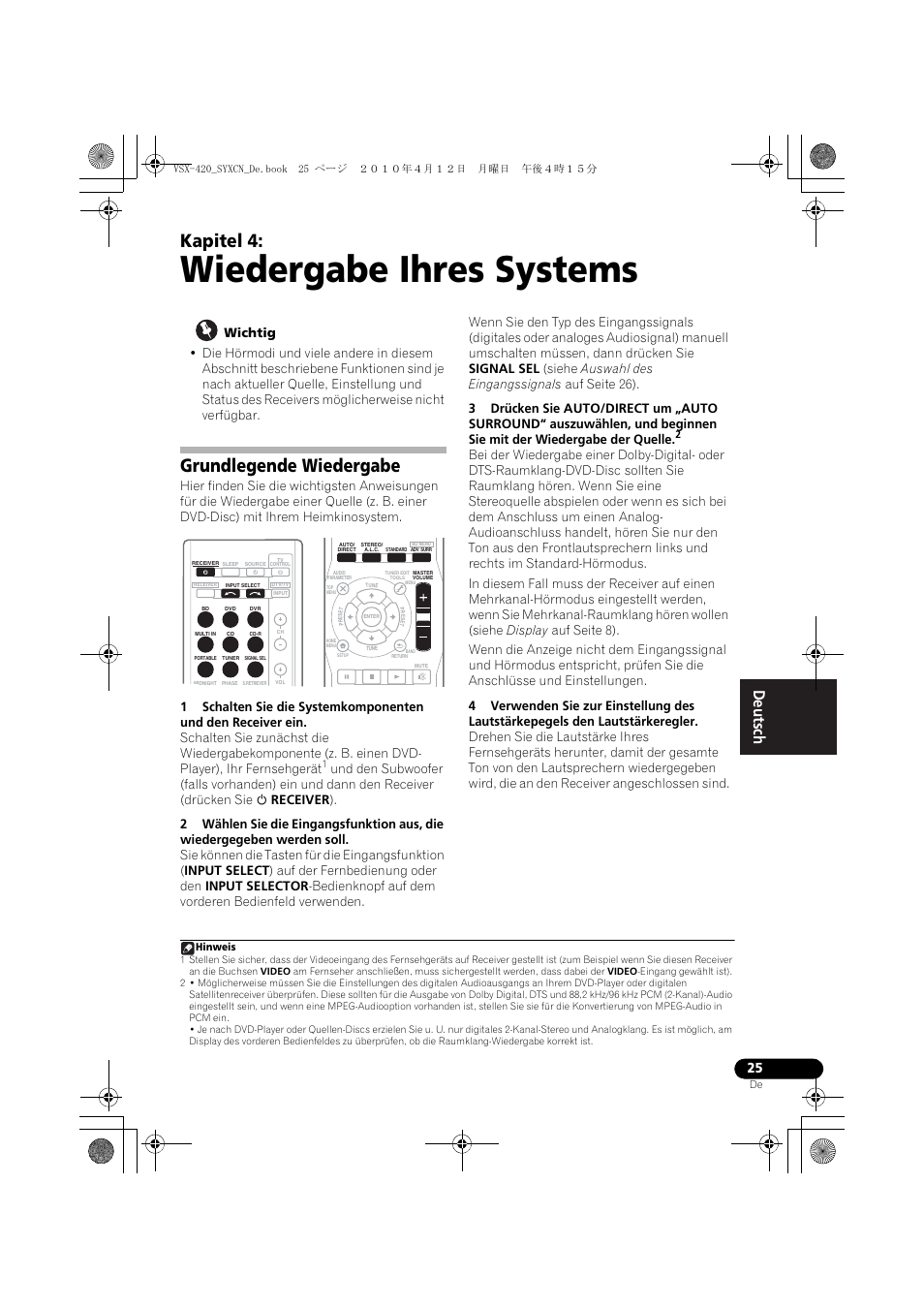 04 wiedergabe ihres systems, Grundlegende wiedergabe, Wiedergabe ihres systems | Kapitel 4 | Pioneer VSX-420-K User Manual | Page 69 / 180