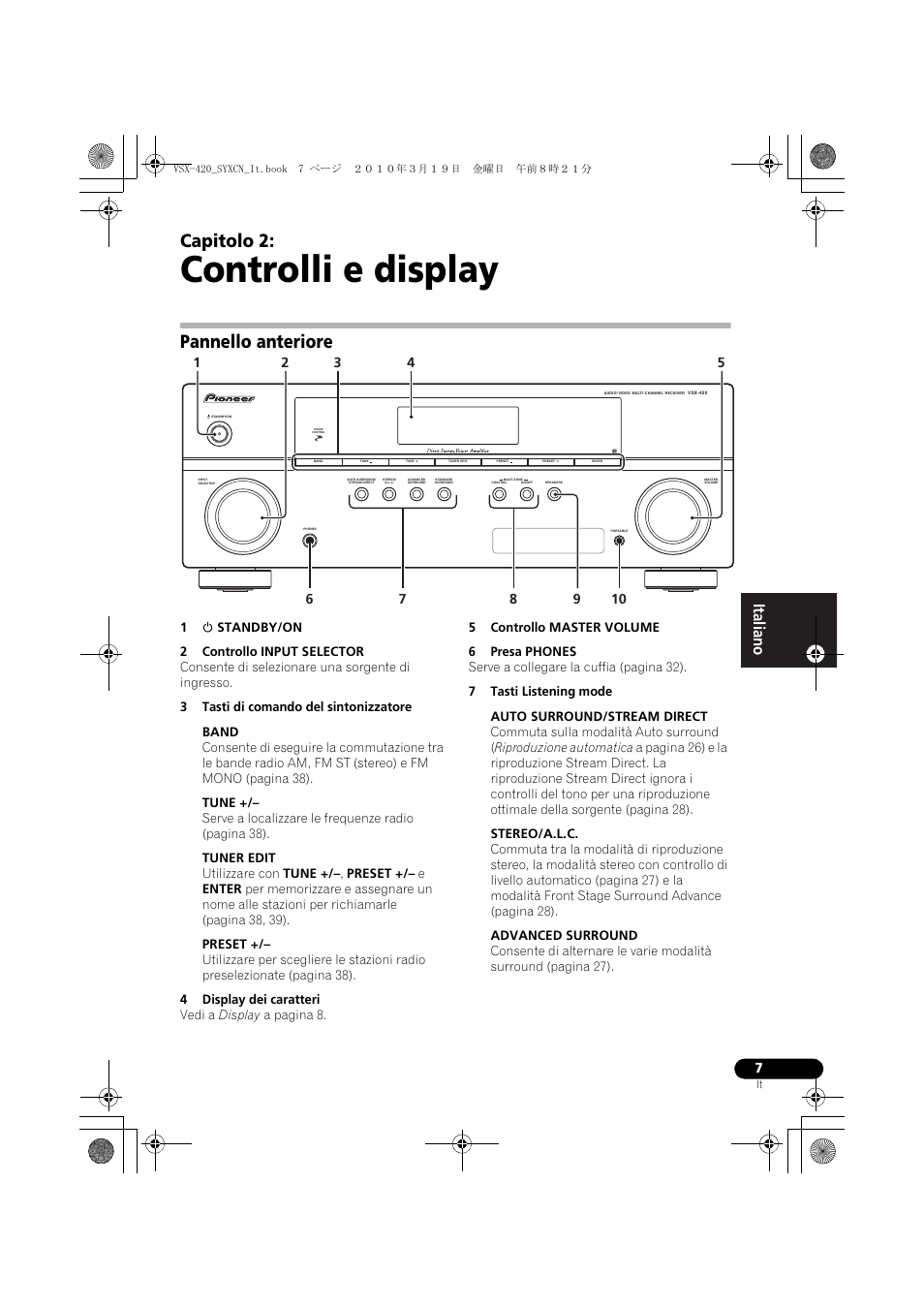 02 controlli e display, Pannello anteriore, Controlli e display | Capitolo 2 | Pioneer VSX-420-K User Manual | Page 7 / 180