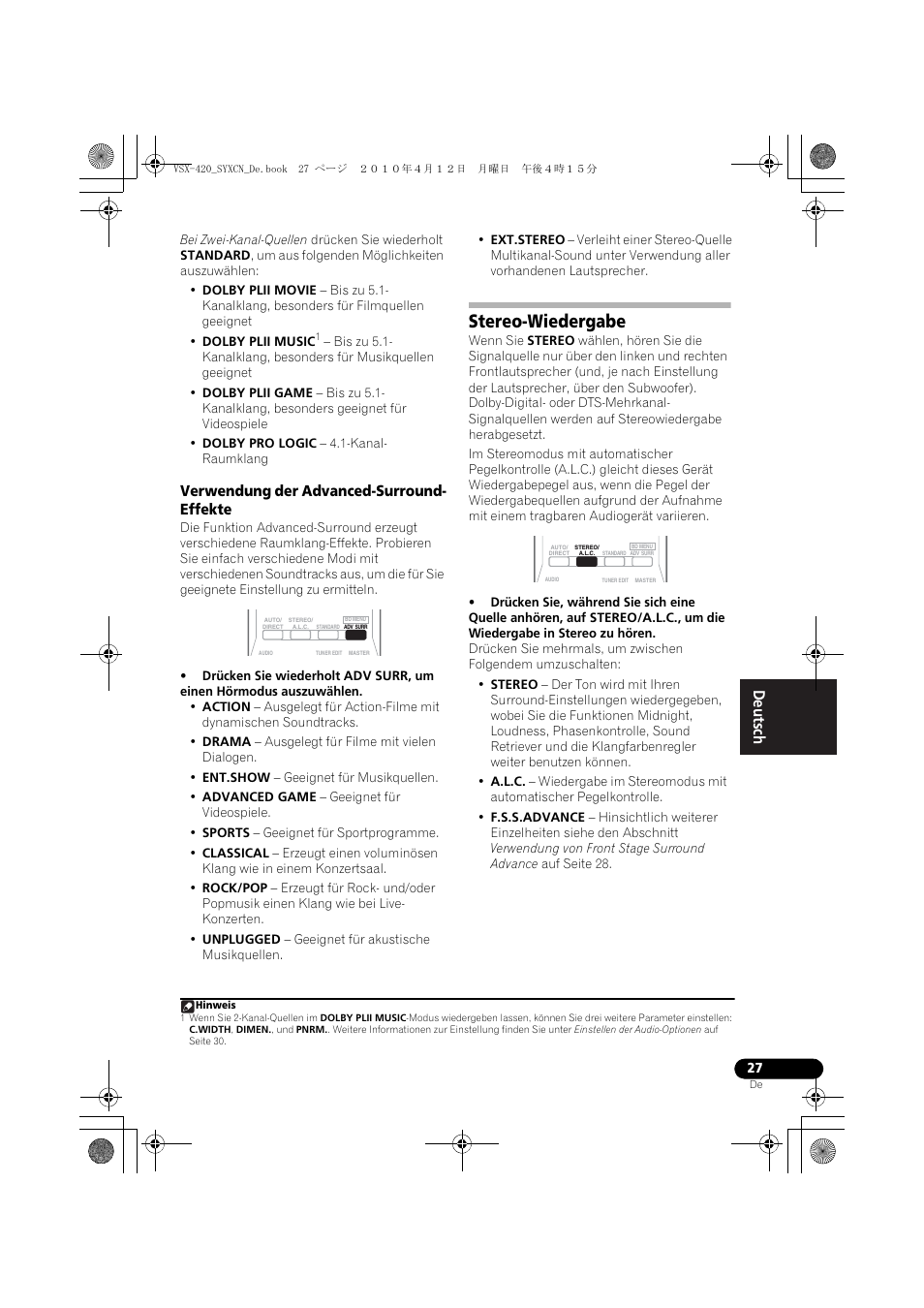 Verwendung der advanced-surround- effekte, Stereo-wiedergabe | Pioneer VSX-420-K User Manual | Page 71 / 180
