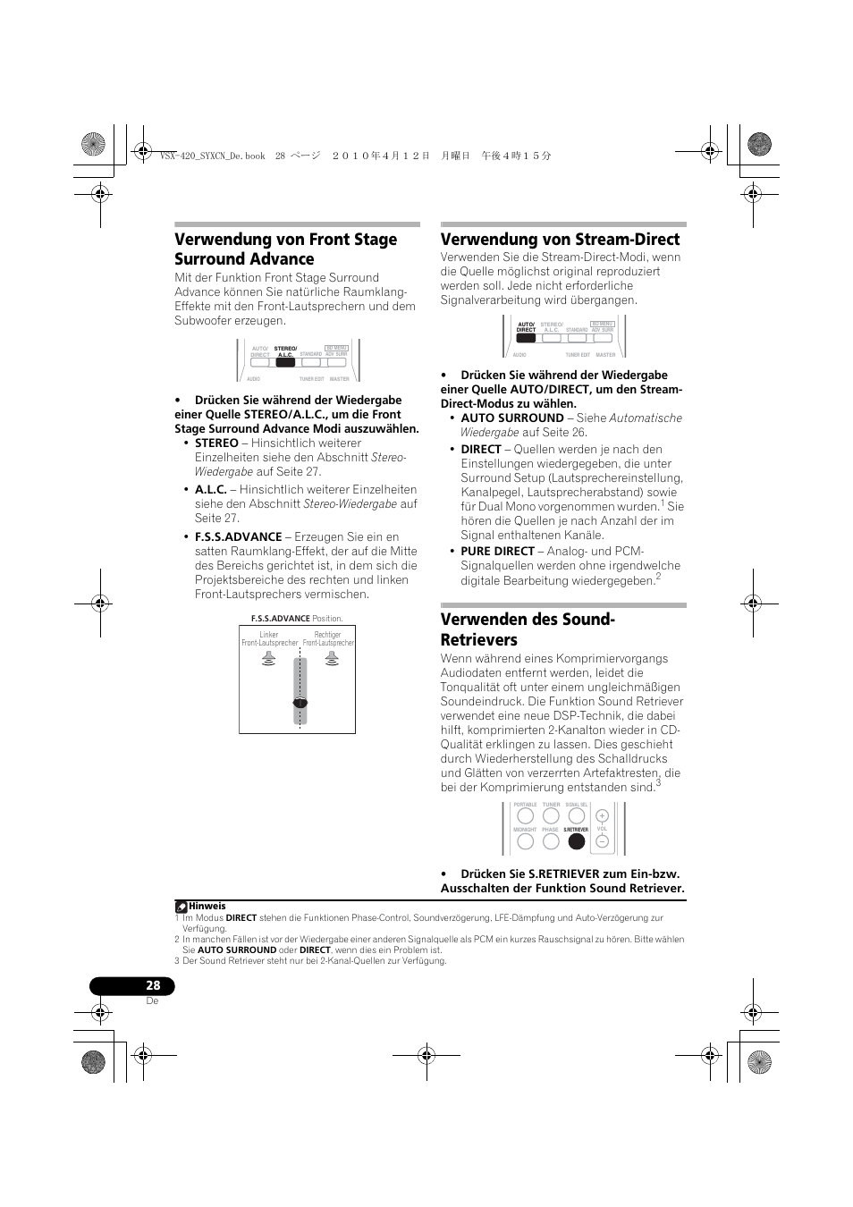 Verwendung von front stage surround advance, Verwendung von stream-direct, Verwenden des sound-retrievers | Verwenden des sound- retrievers | Pioneer VSX-420-K User Manual | Page 72 / 180
