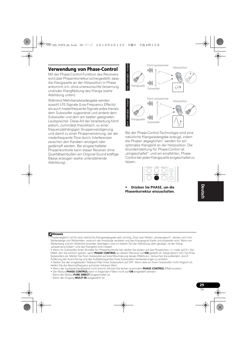 Verwendung von phase-control | Pioneer VSX-420-K User Manual | Page 73 / 180