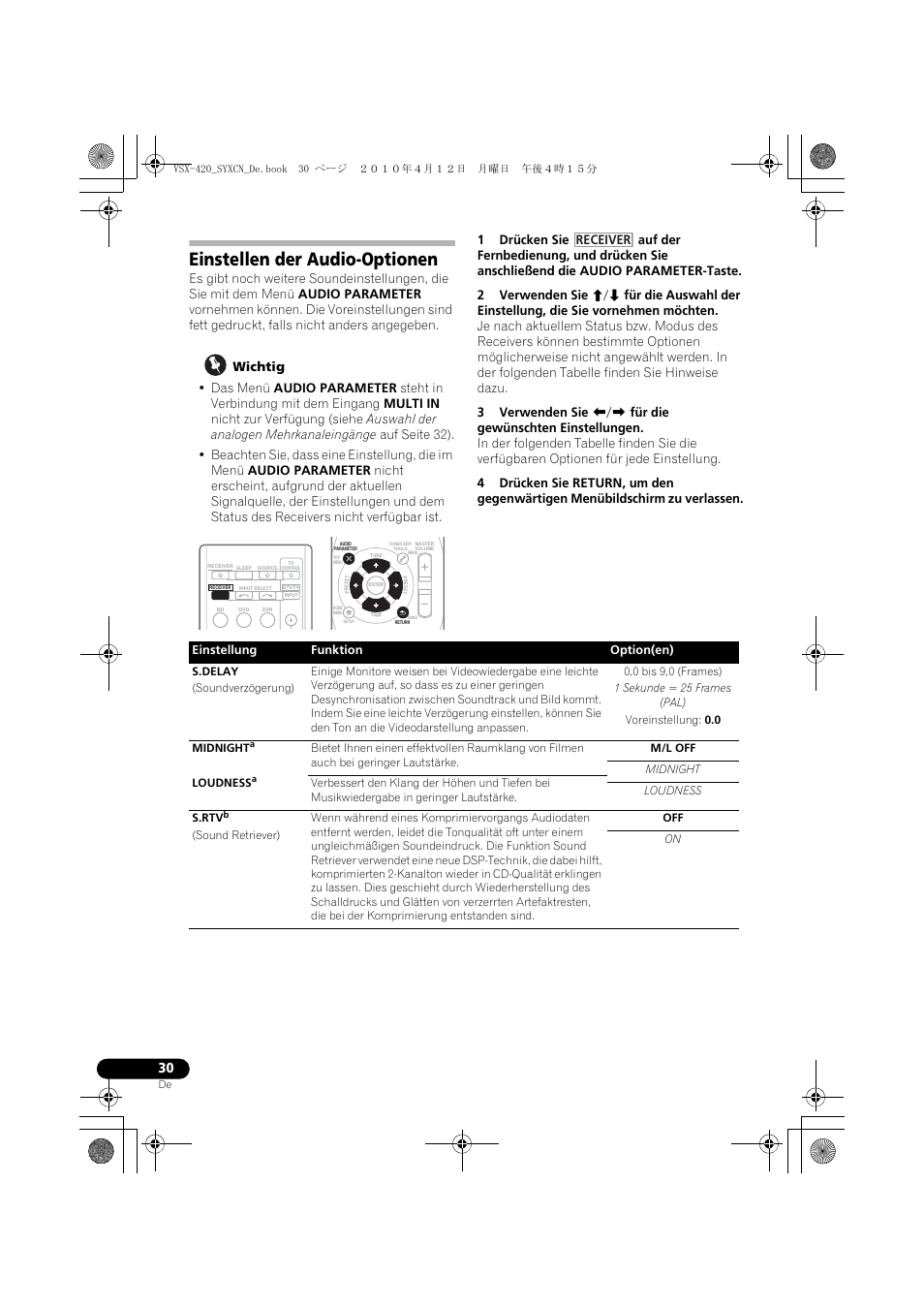 Einstellen der audio-optionen, Receiver | Pioneer VSX-420-K User Manual | Page 74 / 180